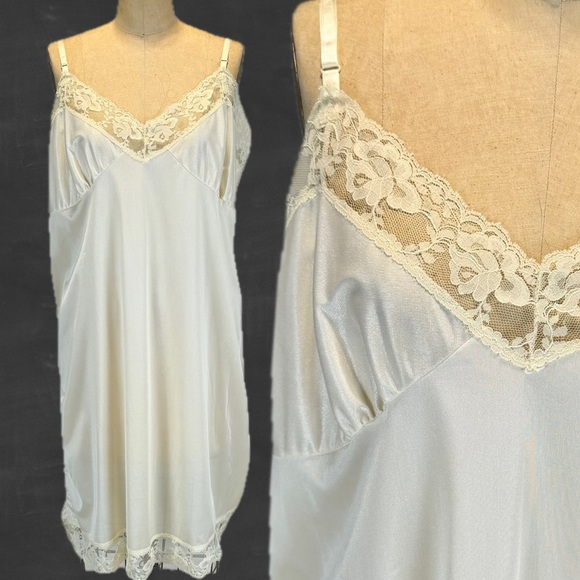 VINTAGE 70s nylon lace midi dress slip full length midi lingerie layer nightgown - Picture 1 of 13